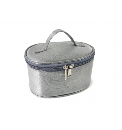 Silver cosmetic bag.